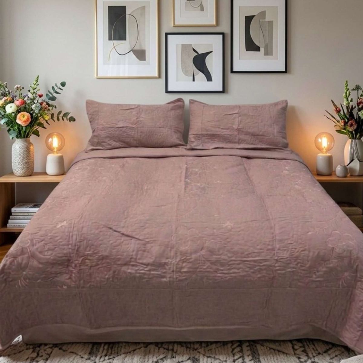 GENERICO - Cubrecama Quilt Bordado 2 Plazas mas Fundas de Almohadas Estilo Botánico