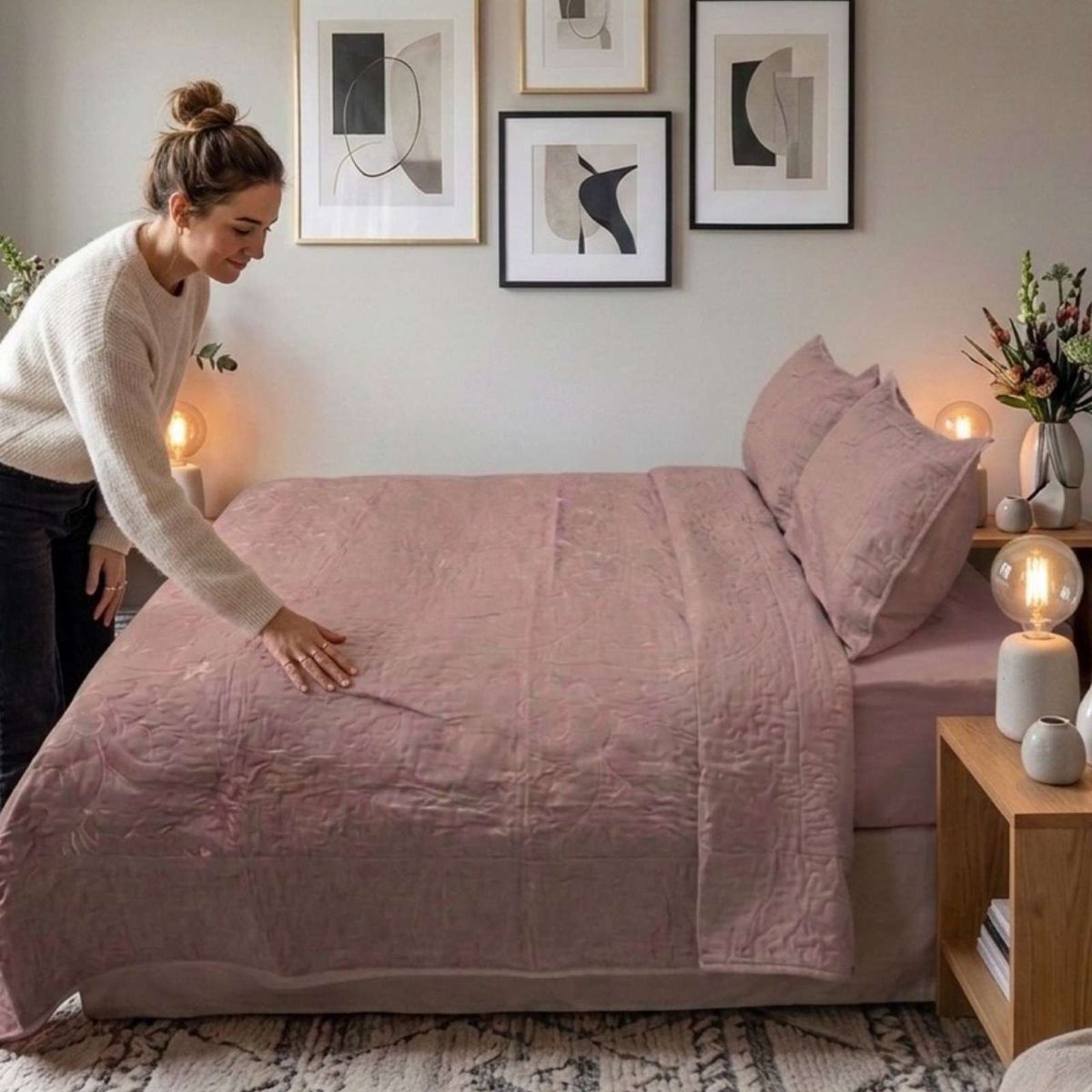 GENERICO - Cubrecama Quilt Bordado 2 Plazas mas Fundas de Almohadas Estilo Botánico