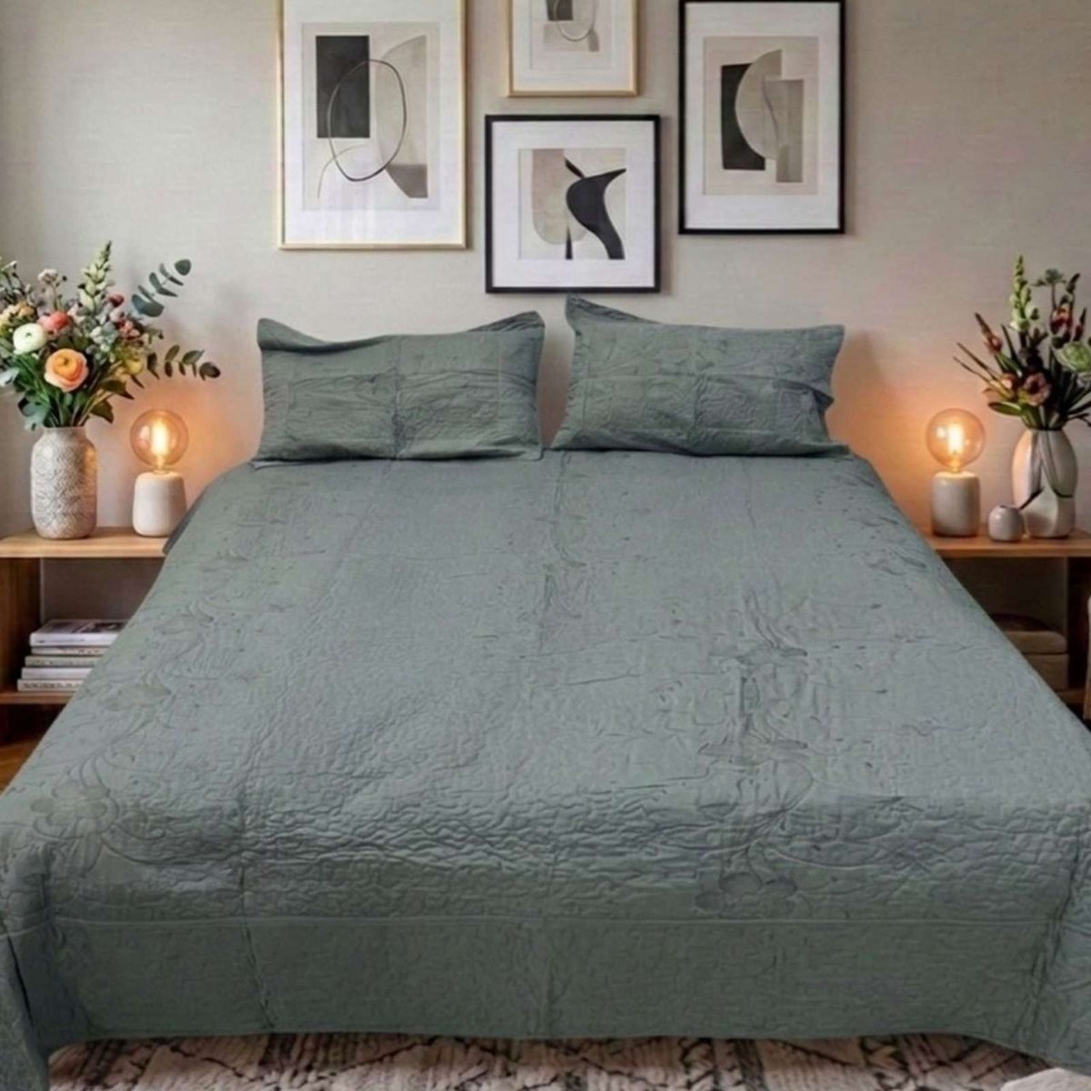 GENERICO - Cubrecama Quilt Bordado 2 Plazas mas Fundas de Almohadas Estilo Botánico