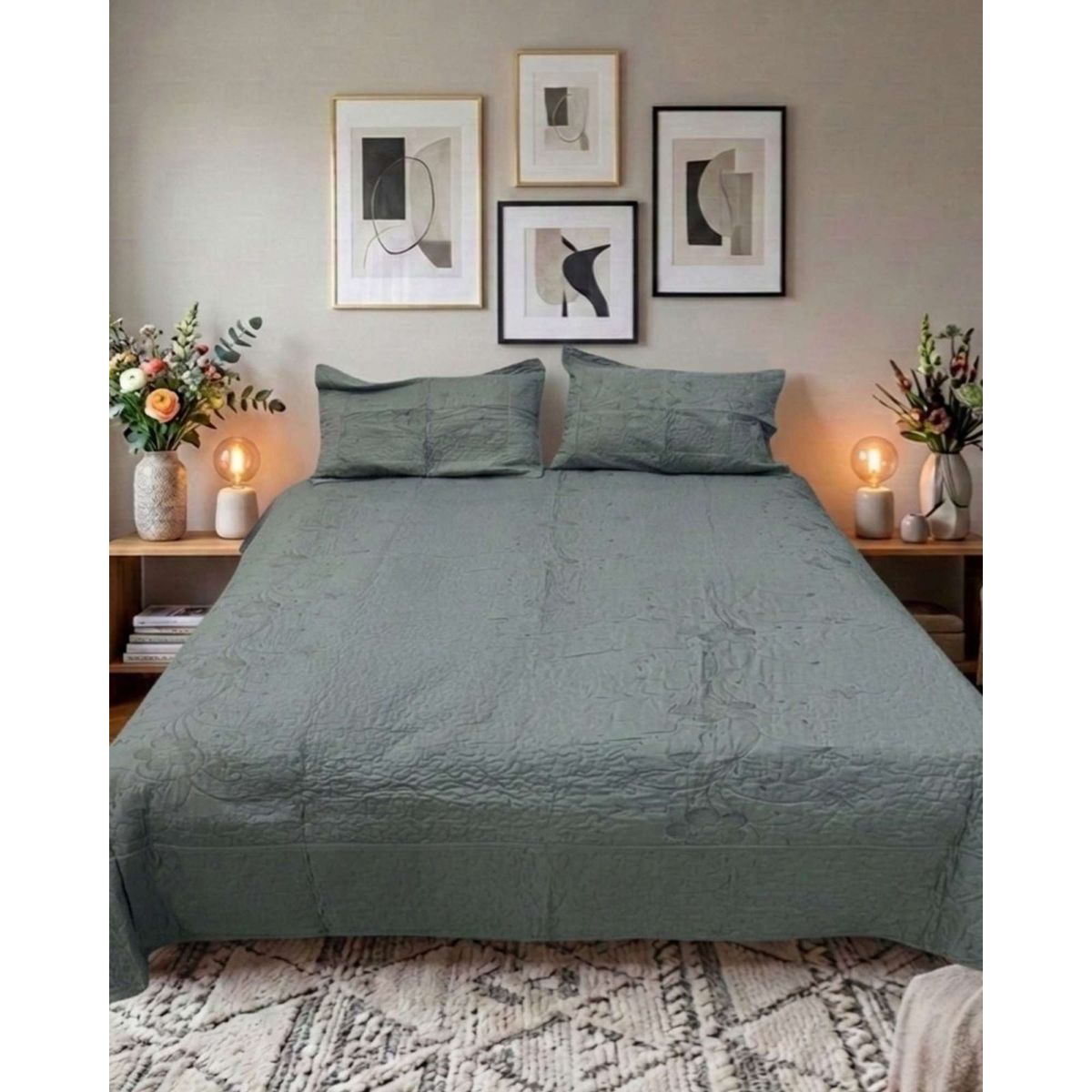 GENERICO - Cubrecama Quilt Bordado Plaza y Media mas Fundas de Almohadas Estilo Botánico