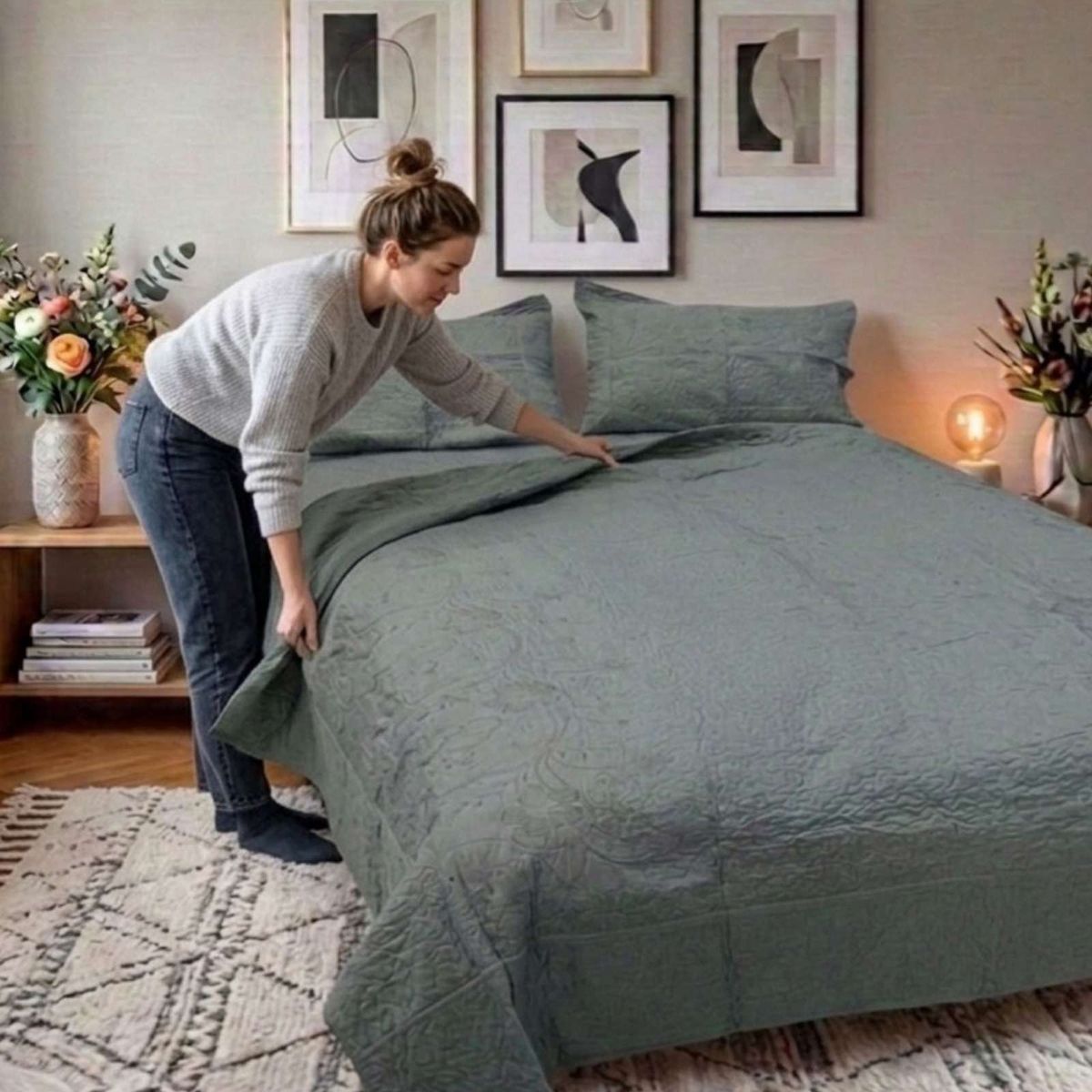 GENERICO - Cubrecama Quilt Bordado Plaza y Media mas Fundas de Almohadas Estilo Botánico