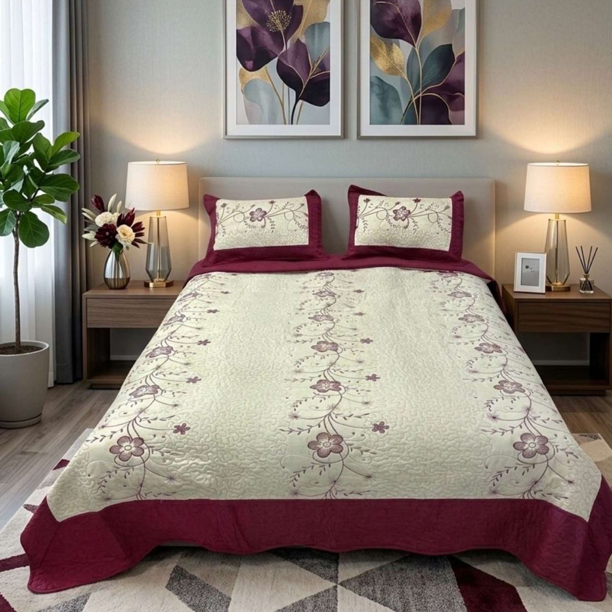 GENERICO - Cubrecama Quilt Bordado Plaza y Media mas Fundas de Almohadas Estilo Botánico