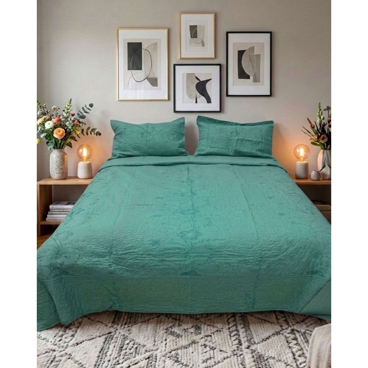 GENERICO - Cubrecama Quilt Bordado 2 Plazas mas Fundas de Almohadas Estilo Botánico
