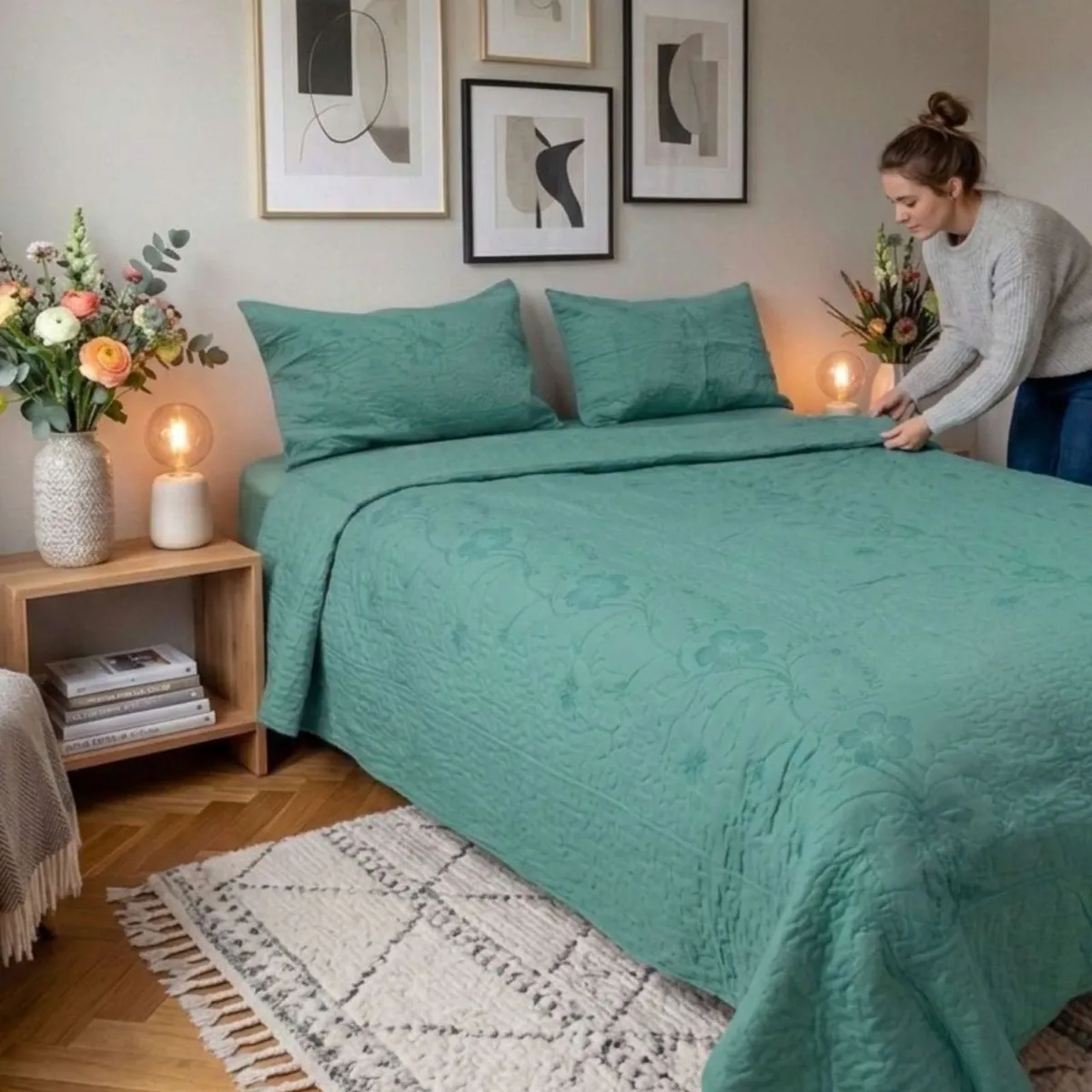 GENERICO - Cubrecama Quilt Bordado 2 Plazas mas Fundas de Almohadas Estilo Botánico