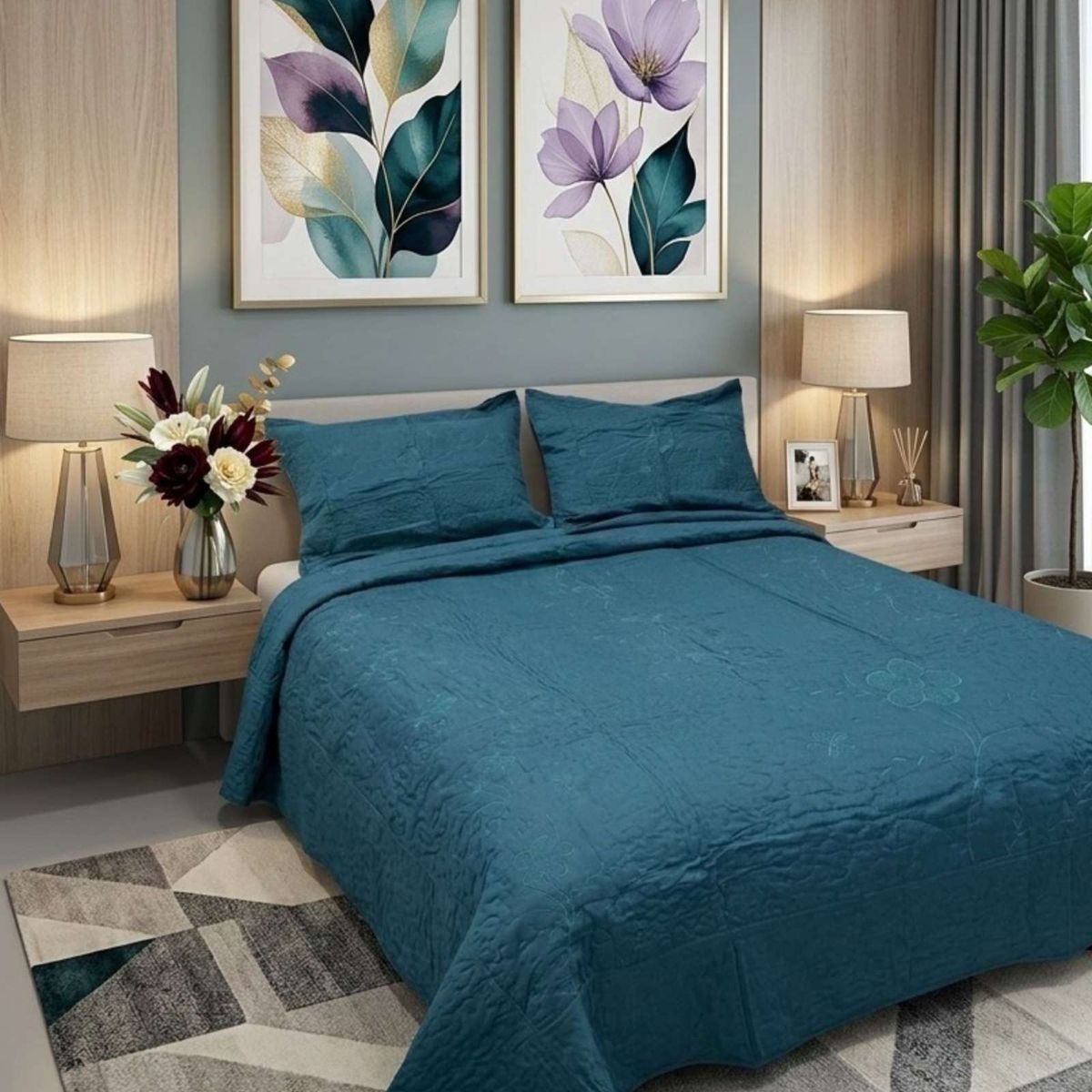 GENERICO - Cubrecama Quilt Bordado King mas Fundas de Almohadas Estilo Botánico