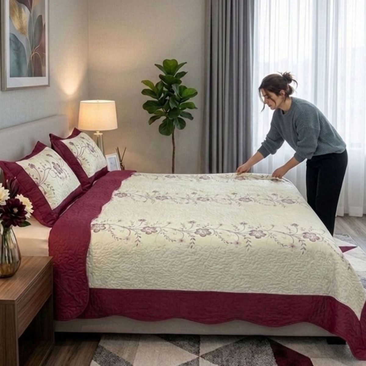 GENERICO - Cubrecama Quilt Bordado King mas Fundas de Almohadas Estilo Botánico