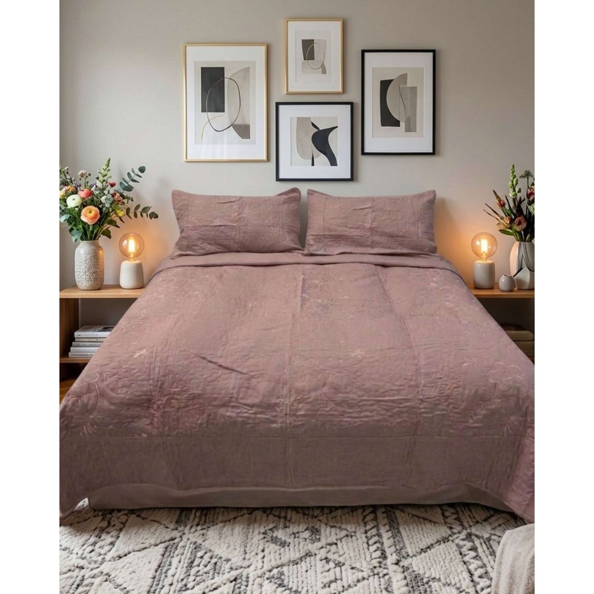 GENERICO - Cubrecama Quilt Bordado King mas Fundas de Almohadas Estilo Botánico