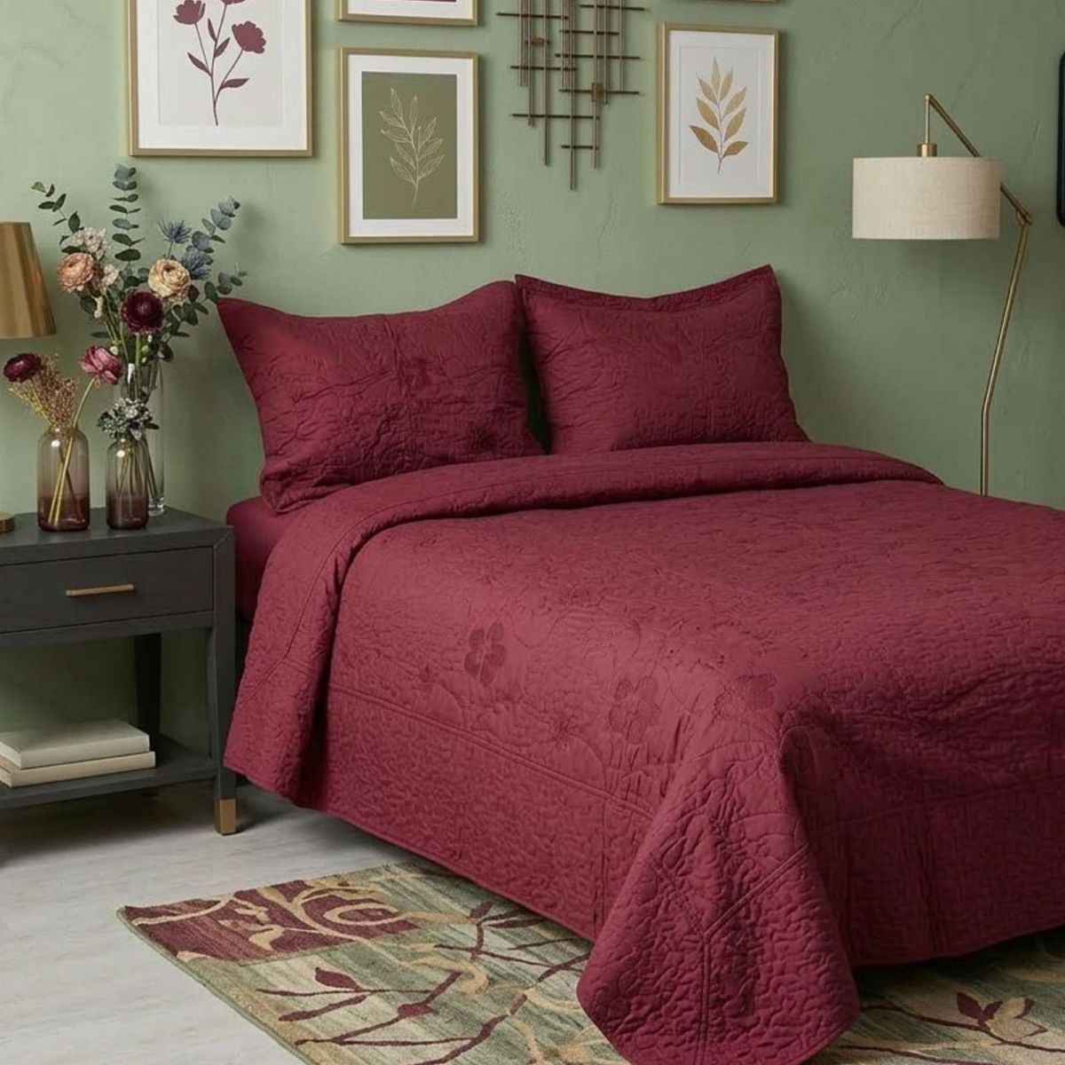 GENERICO - Cubrecama Quilt Bordado Plaza y Media mas Fundas de Almohadas Estilo Botánico