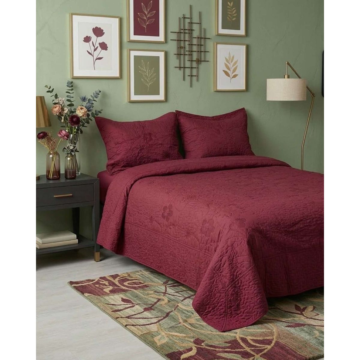 GENERICO - Cubrecama Quilt Bordado Plaza y Media mas Fundas de Almohadas Estilo Botánico