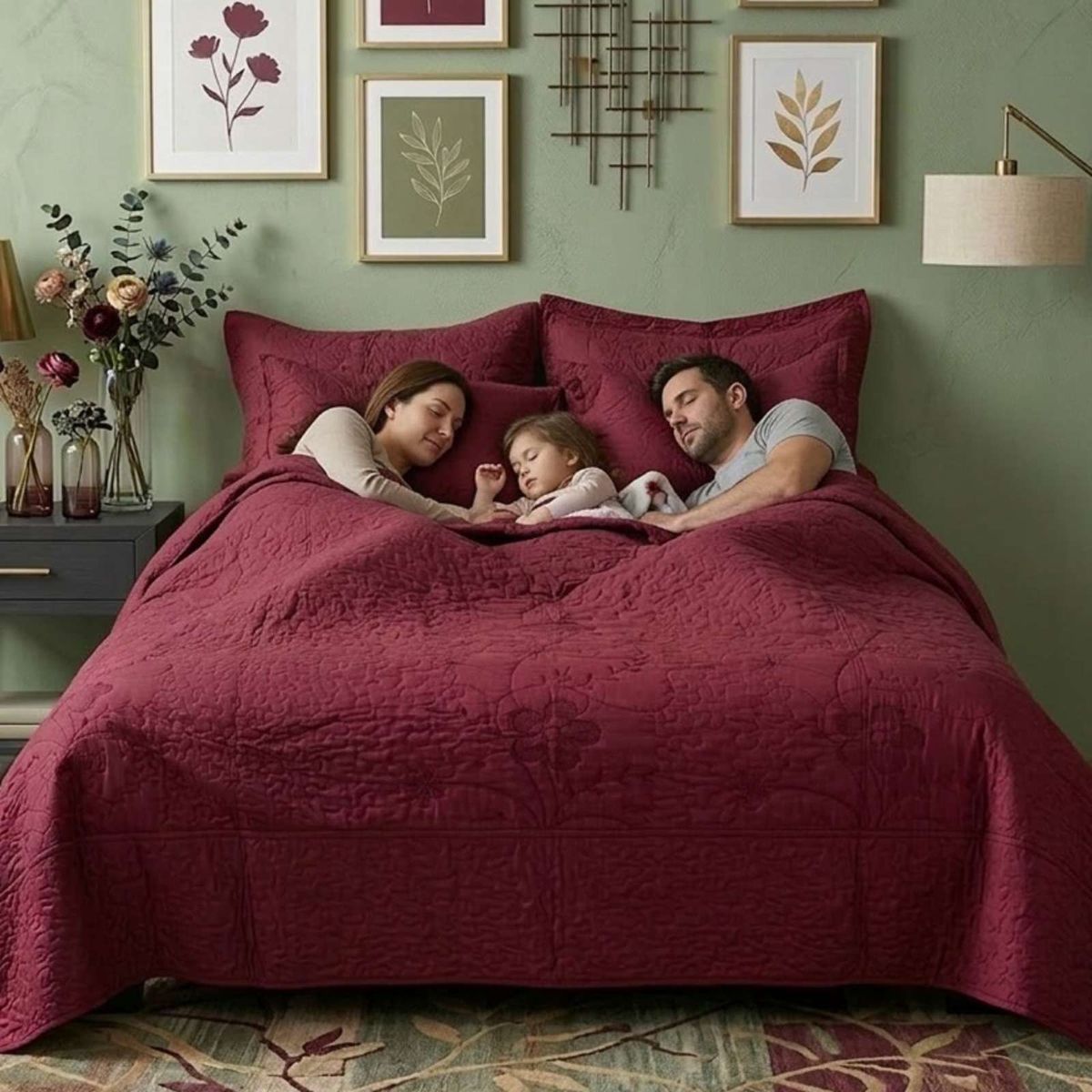 GENERICO - Cubrecama Quilt Bordado Plaza y Media mas Fundas de Almohadas Estilo Botánico