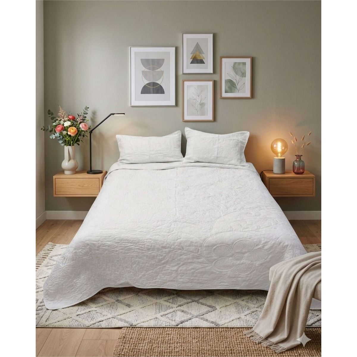 GENERICO - Cubrecama Quilt Bordado Plaza y Media mas Fundas de Almohadas Estilo Botánico