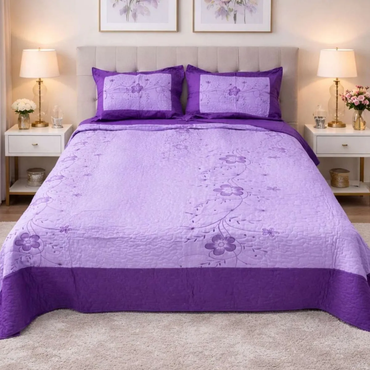 GENERICO - Cubrecama Quilt Bordado Plaza y Media mas Fundas de Almohadas Estilo Botánico