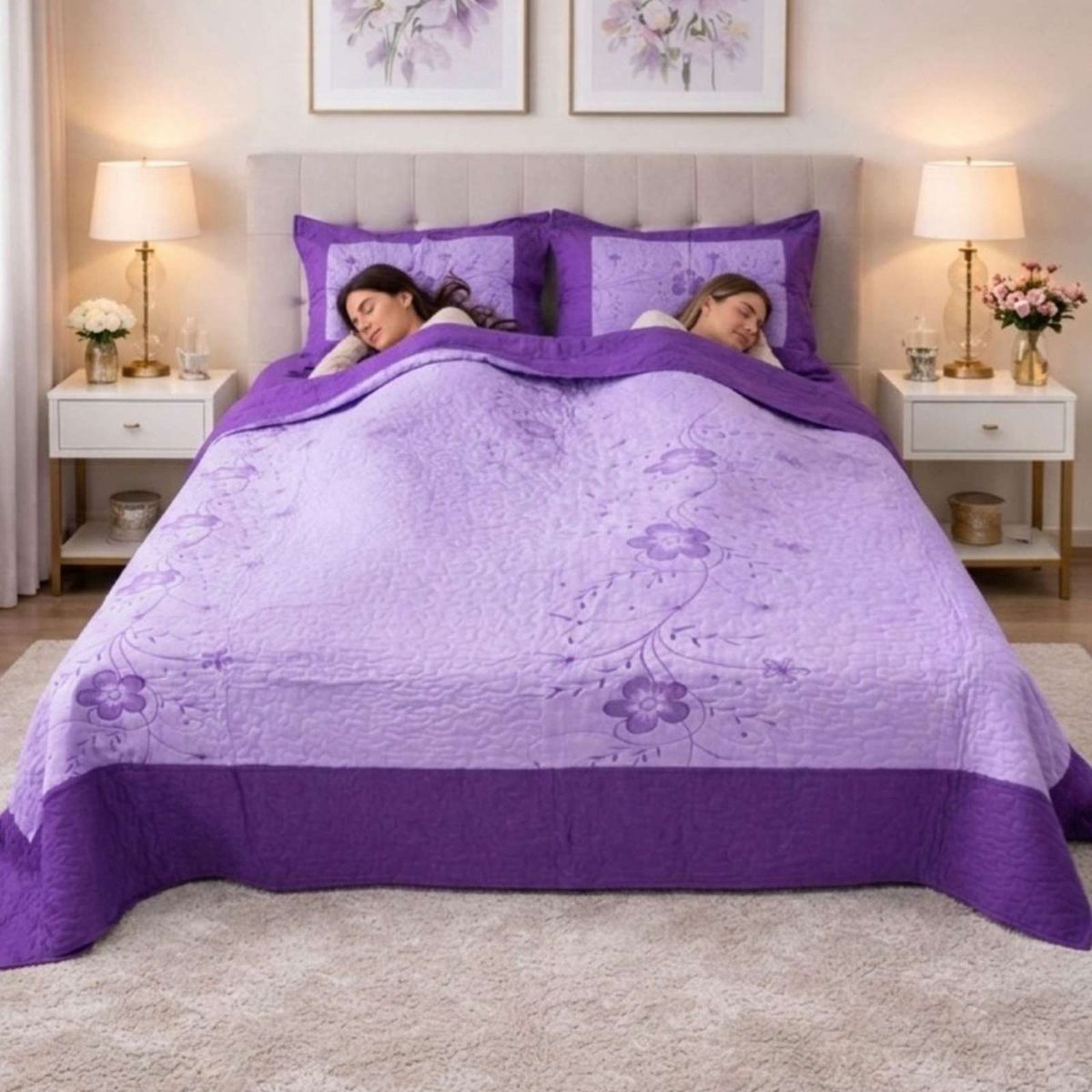GENERICO - Cubrecama Quilt Bordado 2 Plazas mas Fundas de Almohadas Estilo Botánico