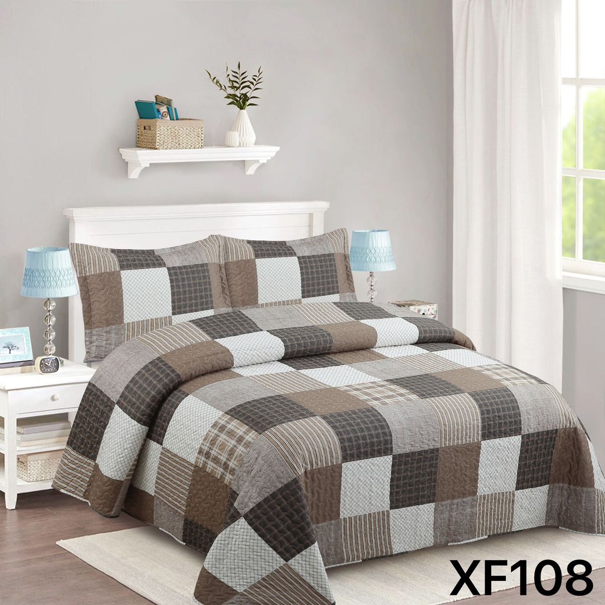 GENERICO - Cubrecama Quilt Verano 1.5 Plazas - Café Cuadrille XF108