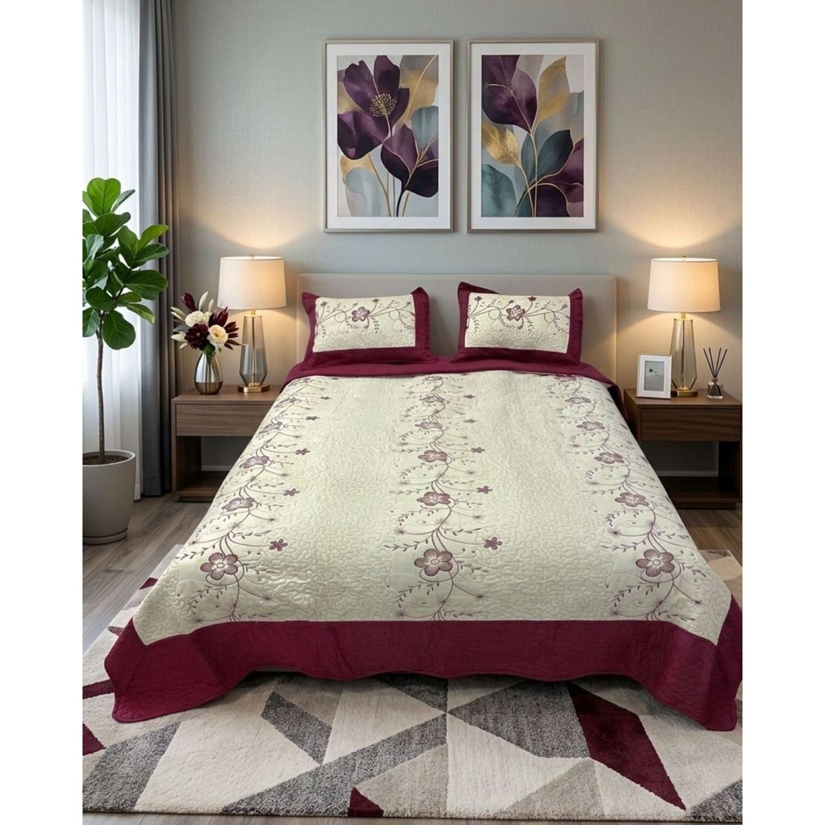 GENERICO - Cubrecama Quilt Bordado King mas Fundas de Almohadas Estilo Botánico
