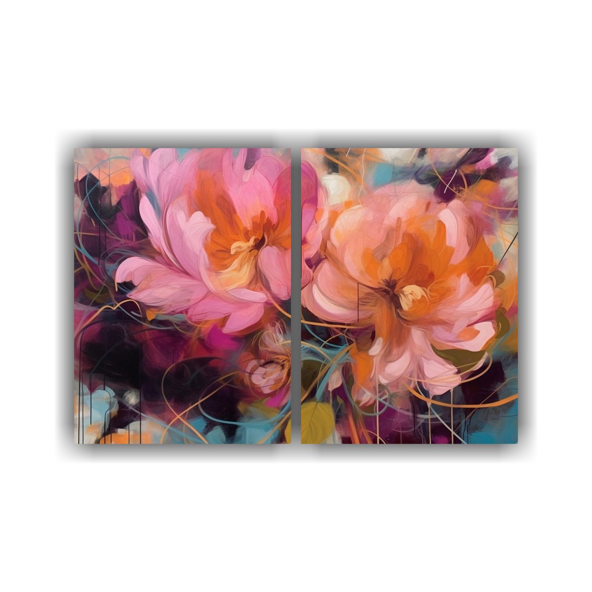 GENERICO - Cuadro Abstracto De Peonías Rosas En Diptico 40x30 Cm