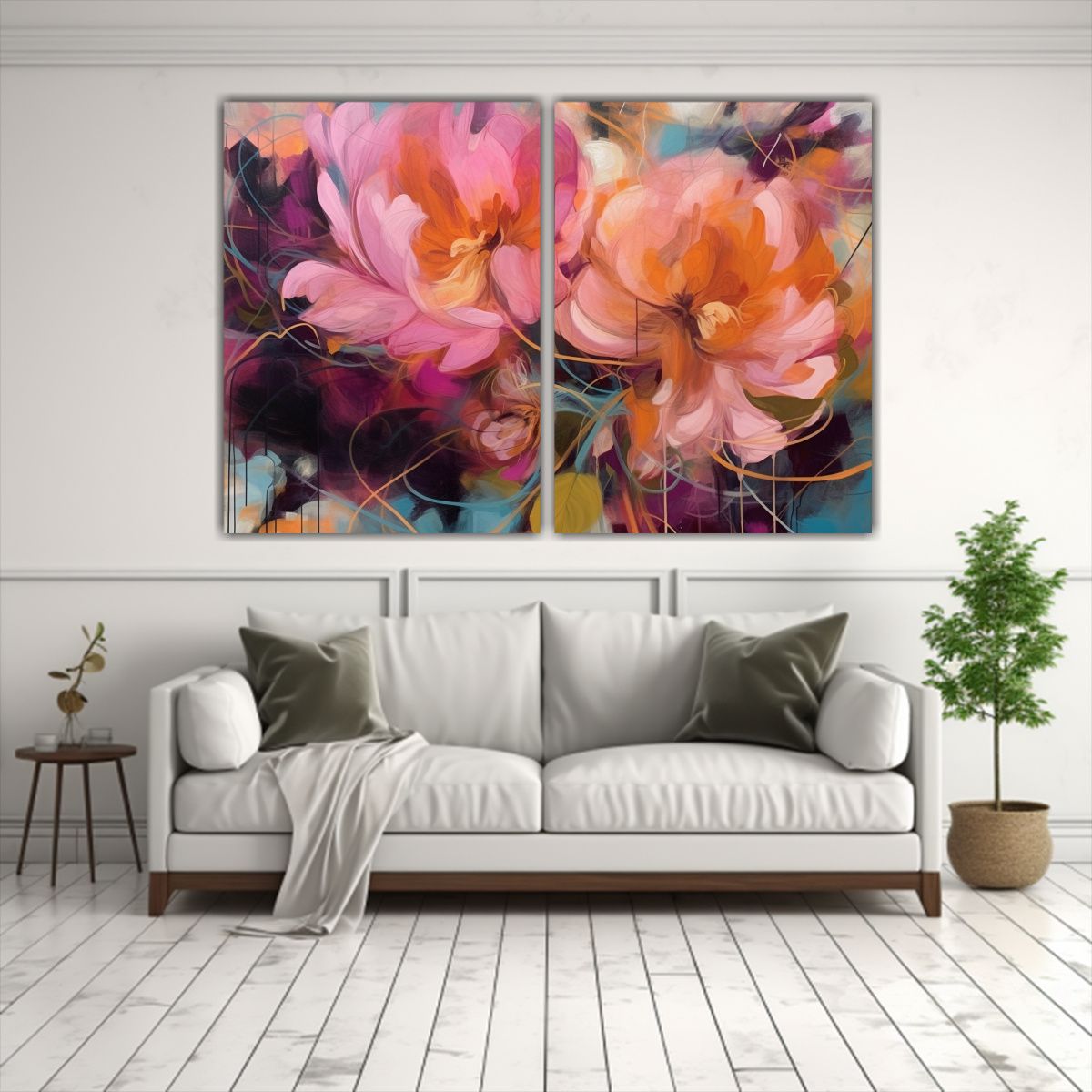 GENERICO - Cuadro Abstracto De Peonías Rosas En Diptico 40x30 Cm
