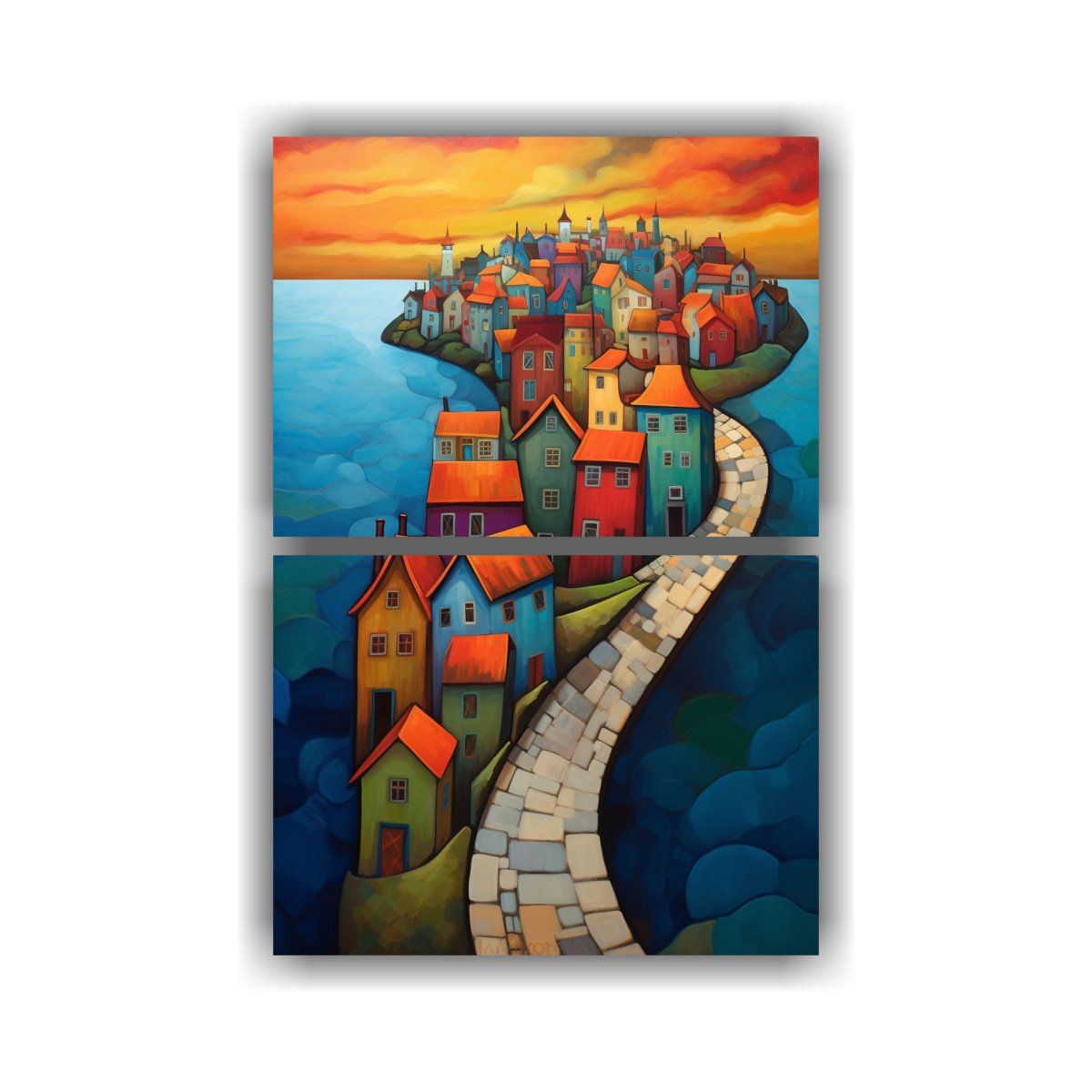 GENERICO - Diptico Impreso Marino Con Casas Junto Al Océano 30x40 Cm