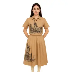 VRUSSO - Set Mocha Camisa Manga Corta y Falda Midi