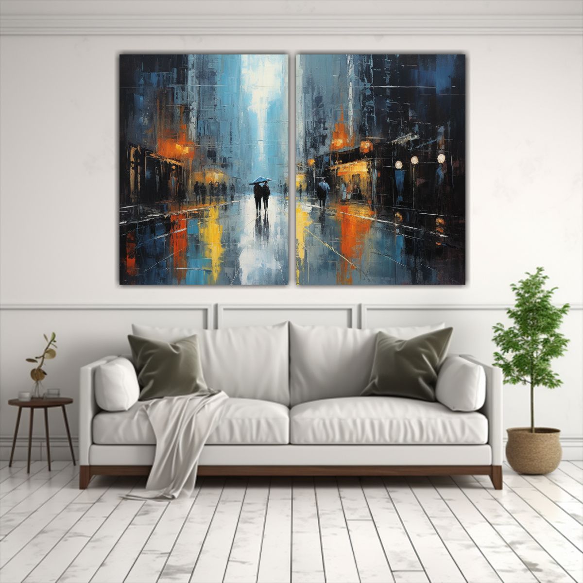 GENERICO - Pintura Semiabstracta Ciudad En Lluvia Escena 80x50 Cm