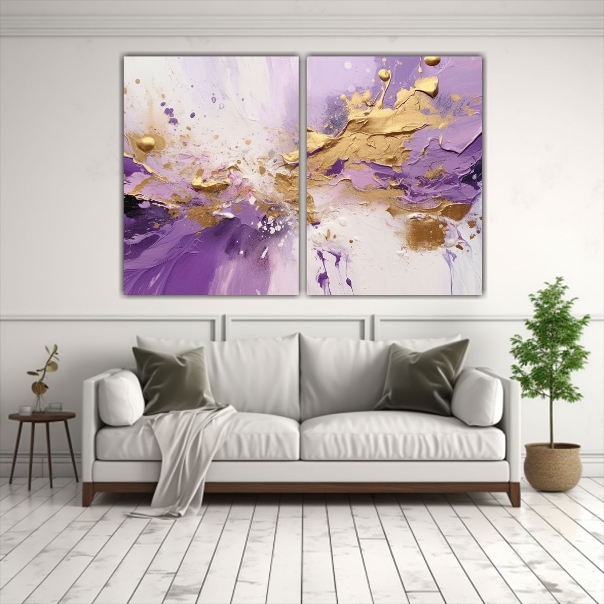 GENERICO - Pintura Abstracta Morada Blanca Y Dorada Sobre 80x50 Cm