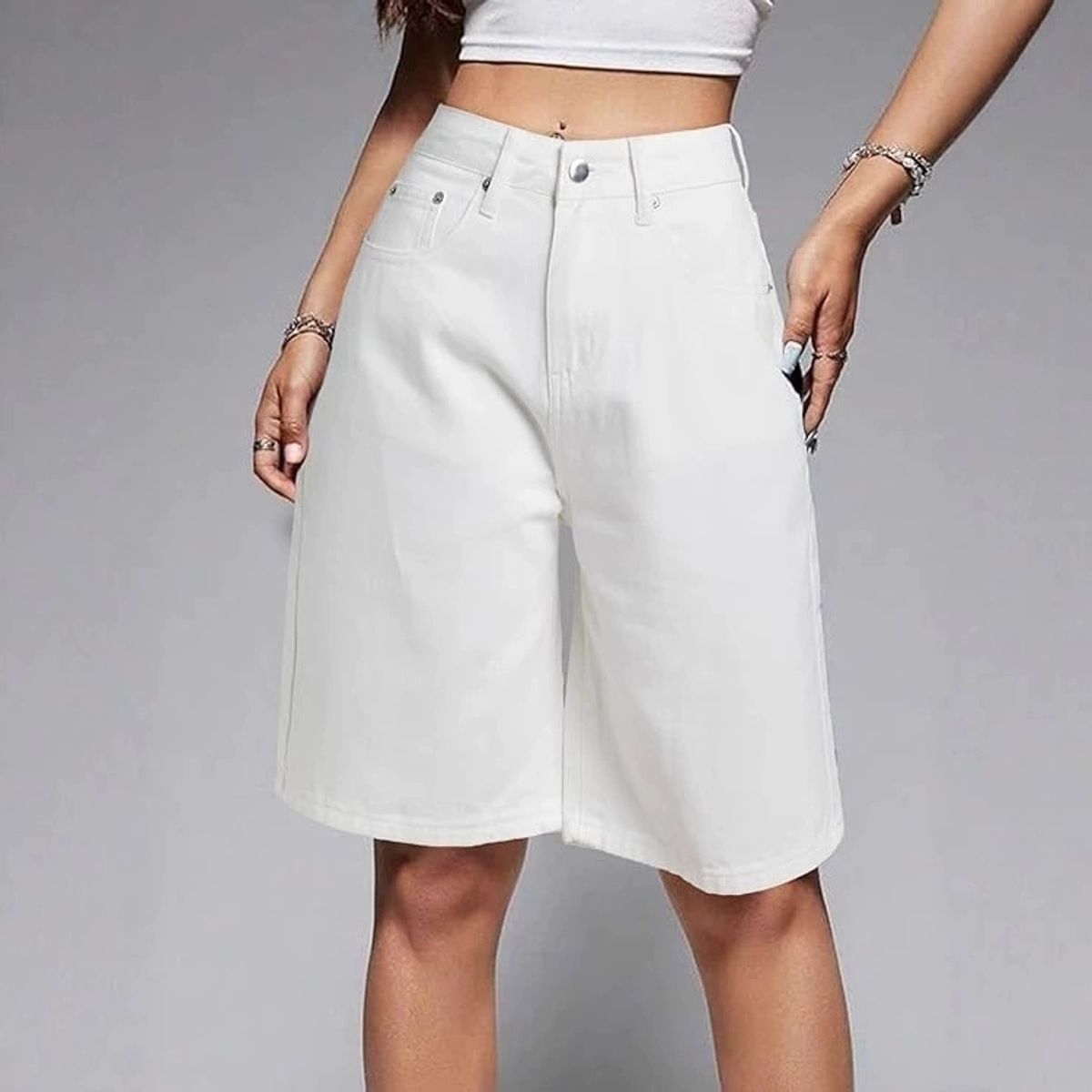 VELVET - Pantalones Corte Bermudas Blanco Verona Mujer