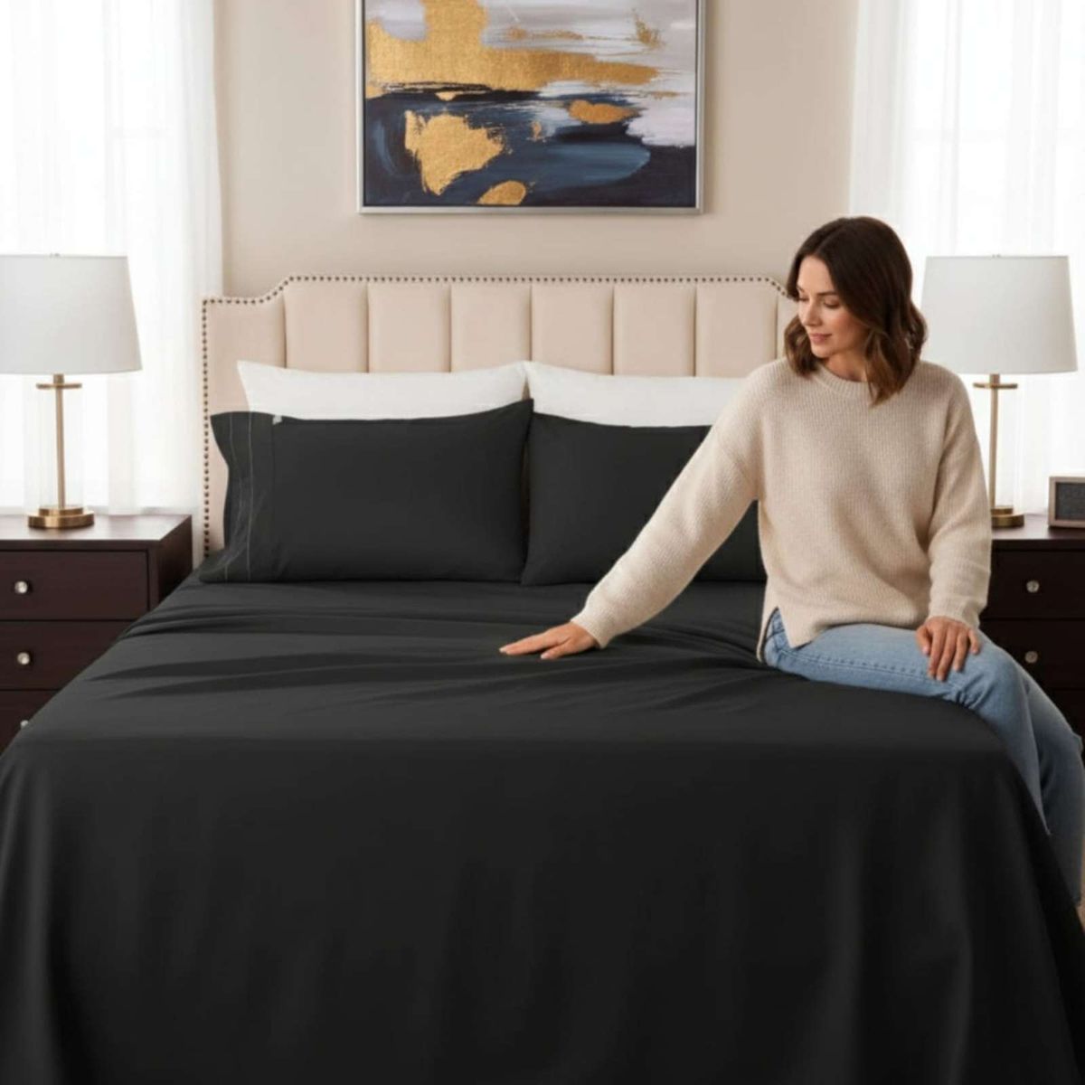 GENERICO - Sábanas 2 Plazas 500 Hilos Diseño Liso Ajuste Perfecto