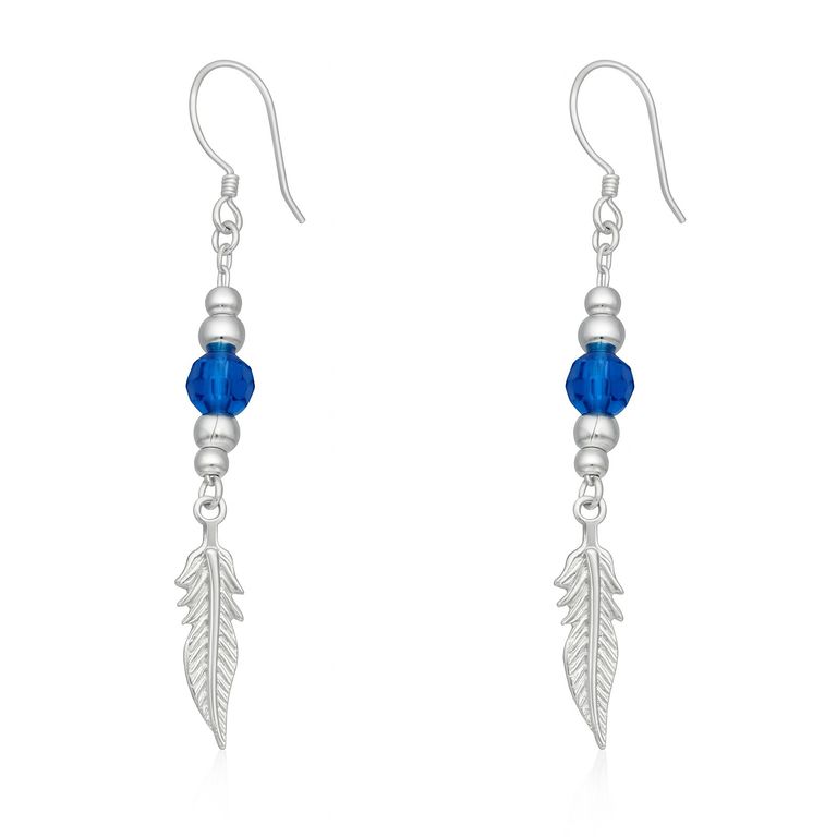 Aros Plata 925 Pluma y Cristal Azul Colgante Azul TALLA UNICA