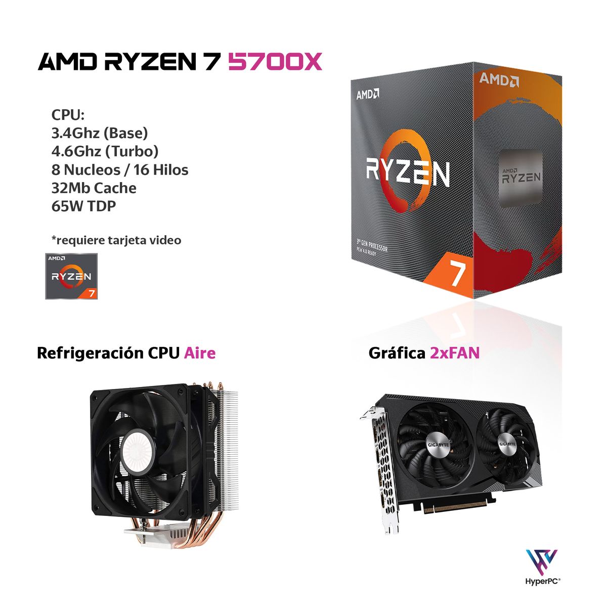 HYPERPC - PC GAMER + MONITOR 24 + Perif: AMD RYZEN 7 5700X 32Gb 1Tb RTX 3050
