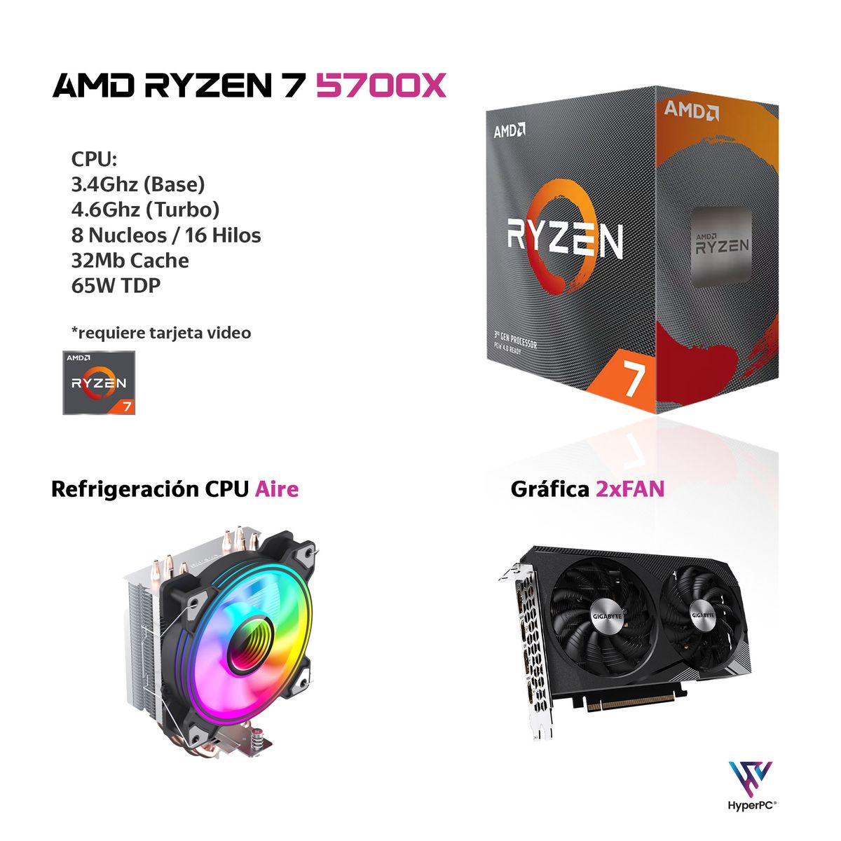 HYPERPC - PC GAMER + MONITOR 24 + Perif: AMD RYZEN 7 5700X 16Gb 1Tb RTX 5060