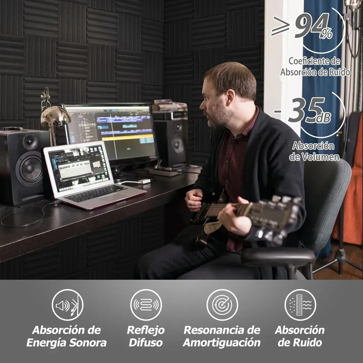 KUANGYE - 24 Paneles De Espuma Acústica Autoadhesiva 30x30x5cm Negro