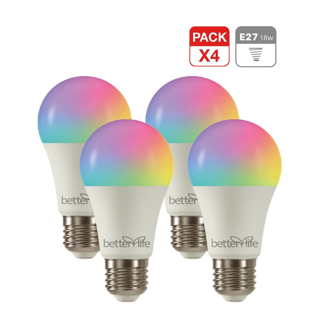 BETTERLIFE - Ampolleta Inteligente LED RGB Wifi 18W E27 4 Unidades
