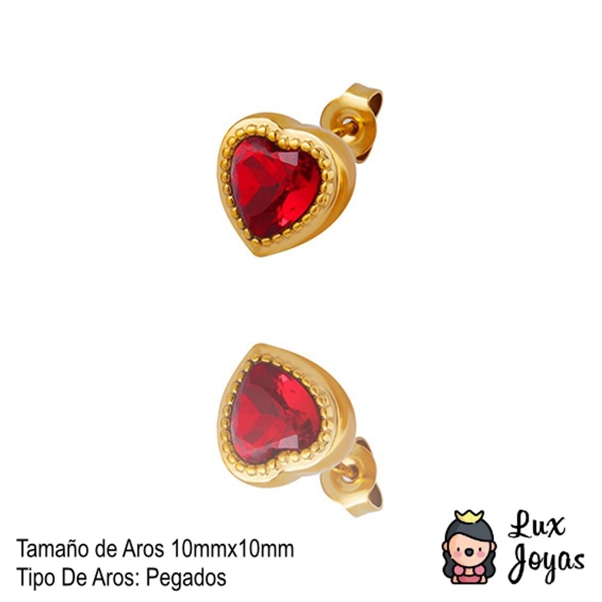 LUX JOYAS - Aros Baño Oro Amarillo 18k Pegados Corazón Circón Rubí