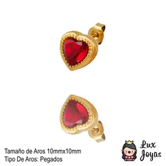 LUX JOYAS - Aros Baño Oro Amarillo 18k Pegados Corazón Circón Rubí