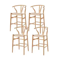 GENERICO - Pack 4 Sillas Altas Wishbone Madera Asiento Cuerda LF9-01B