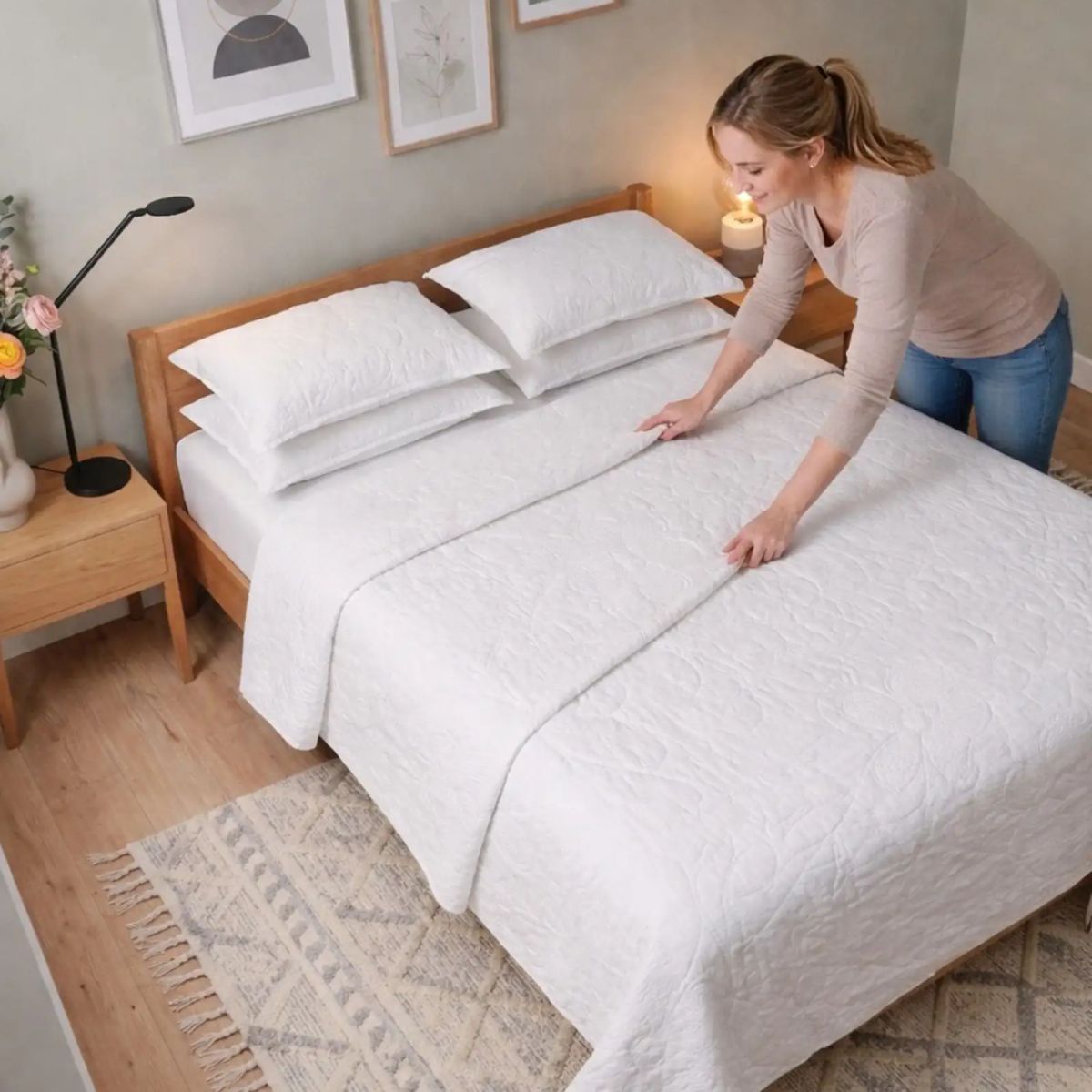 GENERICO - Cubrecama Quilt Bordado Plaza y Media mas Fundas de Almohadas Estilo Botánico