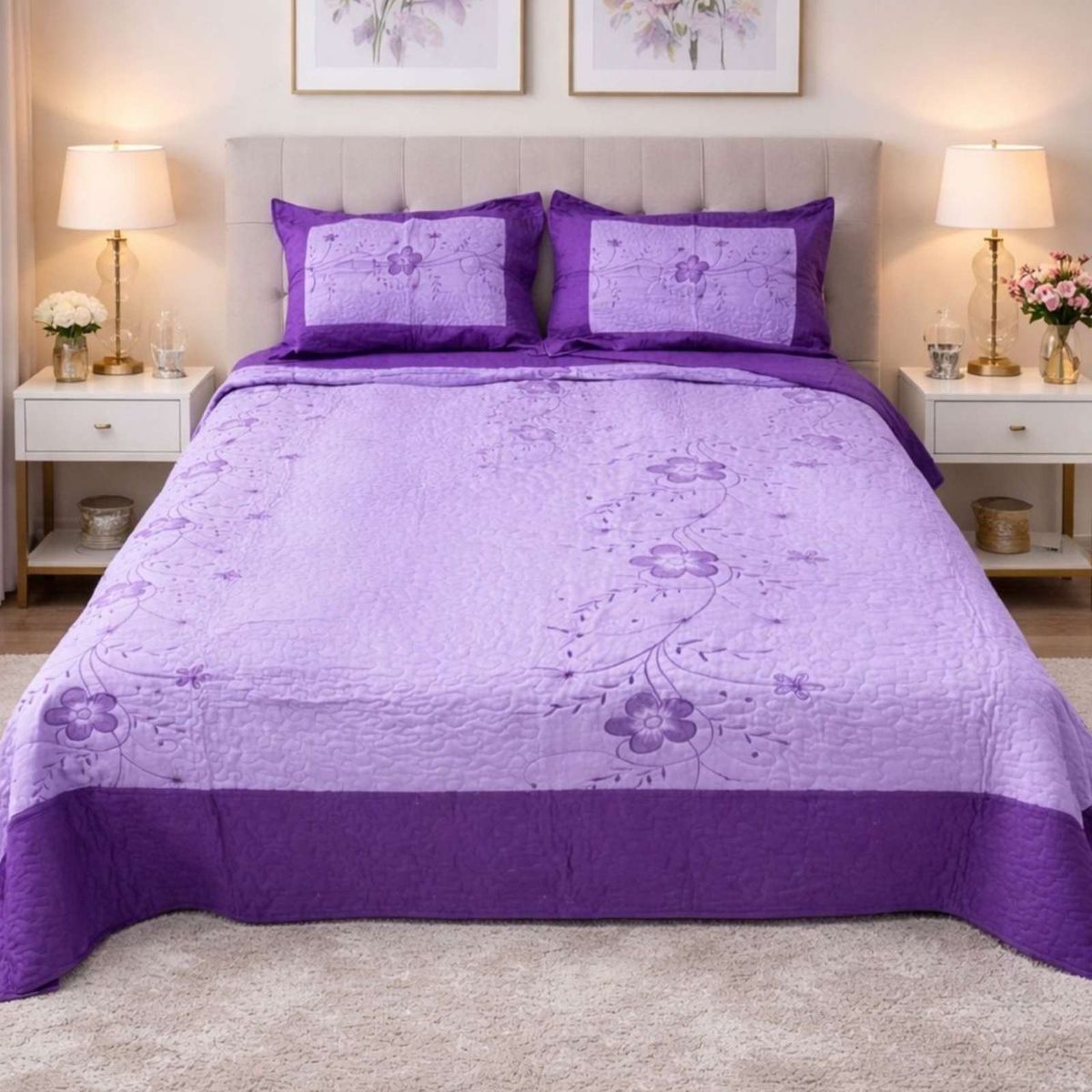 GENERICO - Cubrecama Quilt Bordado Plaza y Media mas Fundas de Almohadas Estilo Botánico