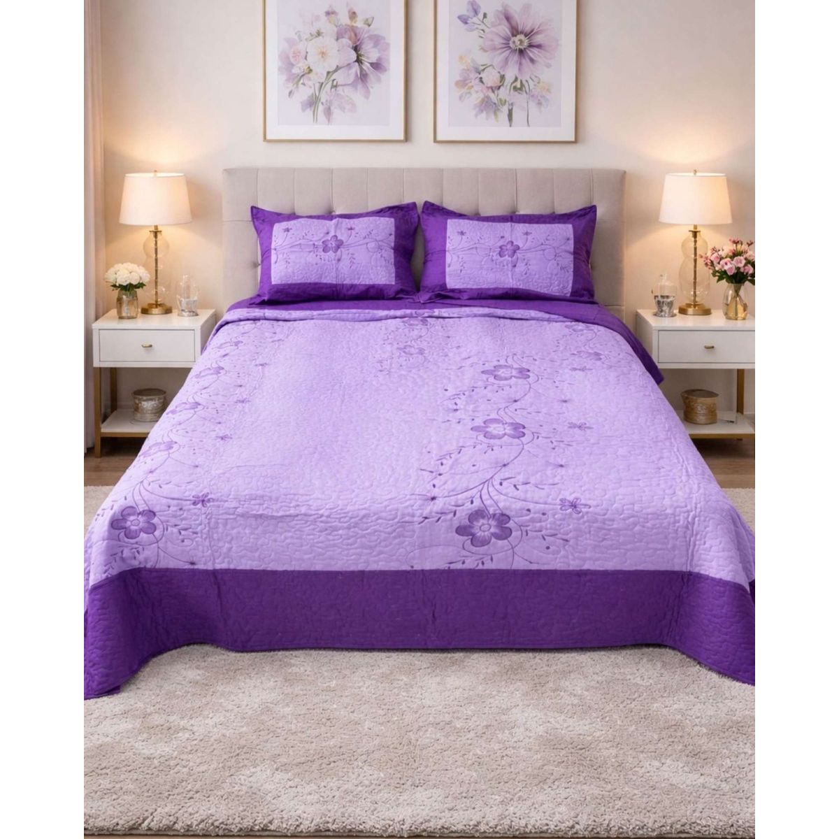 GENERICO - Cubrecama Quilt Bordado Plaza y Media mas Fundas de Almohadas Estilo Botánico