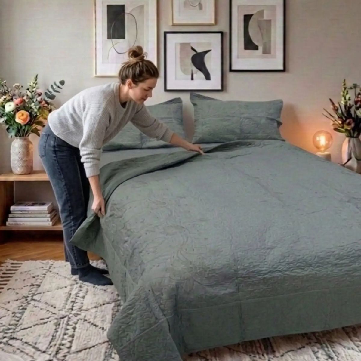 GENERICO - Cubrecama Quilt Bordado Plaza y Media mas Fundas de Almohadas Estilo Botánico