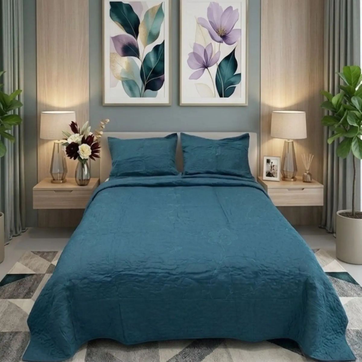 GENERICO - Cubrecama Quilt Bordado 2 Plazas mas Fundas de Almohadas Estilo Botánico