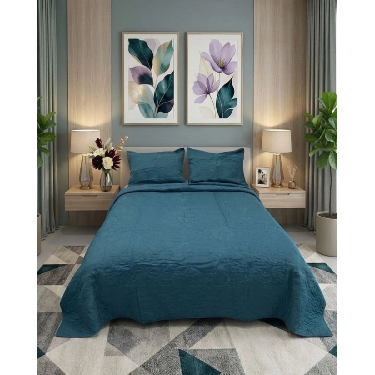 GENERICO - Cubrecama Quilt Bordado 2 Plazas mas Fundas de Almohadas Estilo Botánico