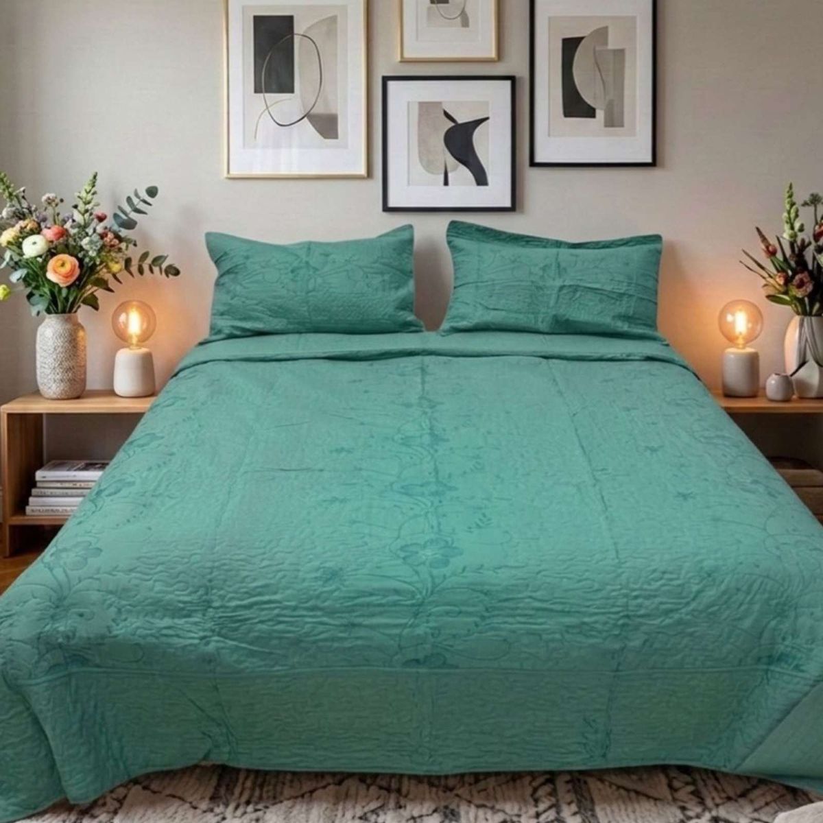 GENERICO - Cubrecama Quilt Bordado 2 Plazas mas Fundas de Almohadas Estilo Botánico