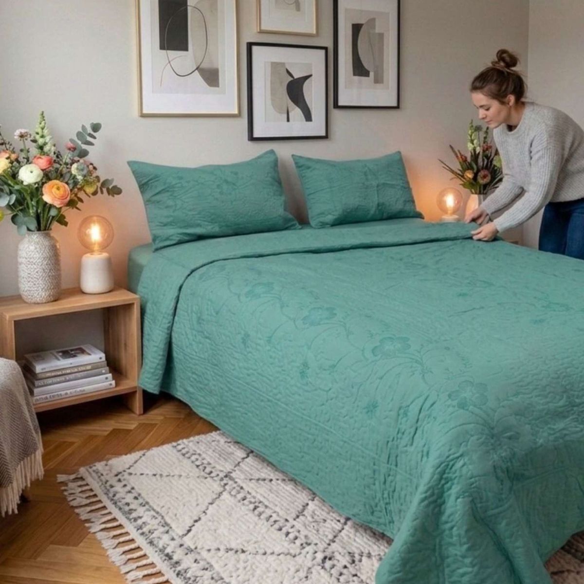 GENERICO - Cubrecama Quilt Bordado 2 Plazas mas Fundas de Almohadas Estilo Botánico