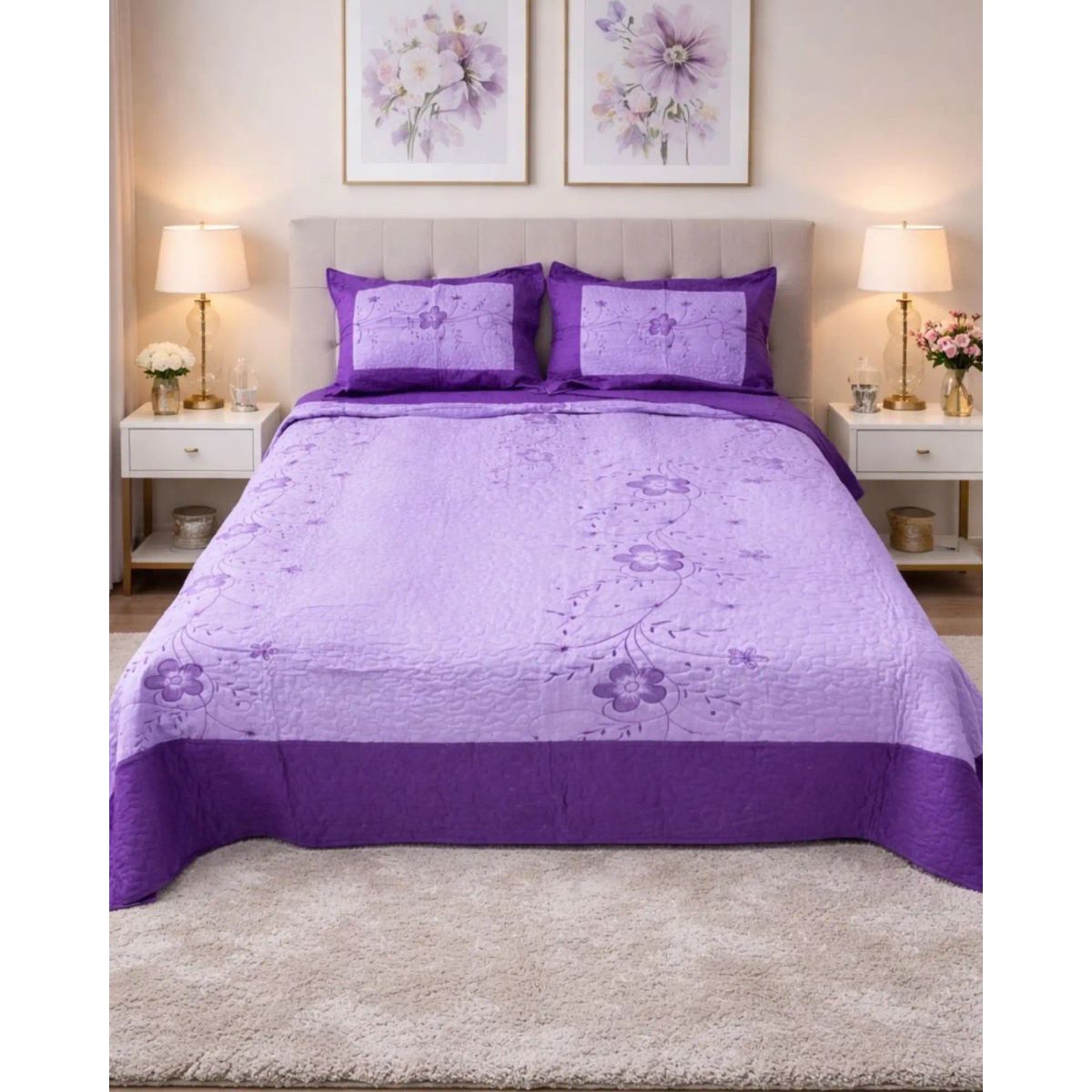 GENERICO - Cubrecama Quilt Bordado 2 Plazas mas Fundas de Almohadas Estilo Botánico