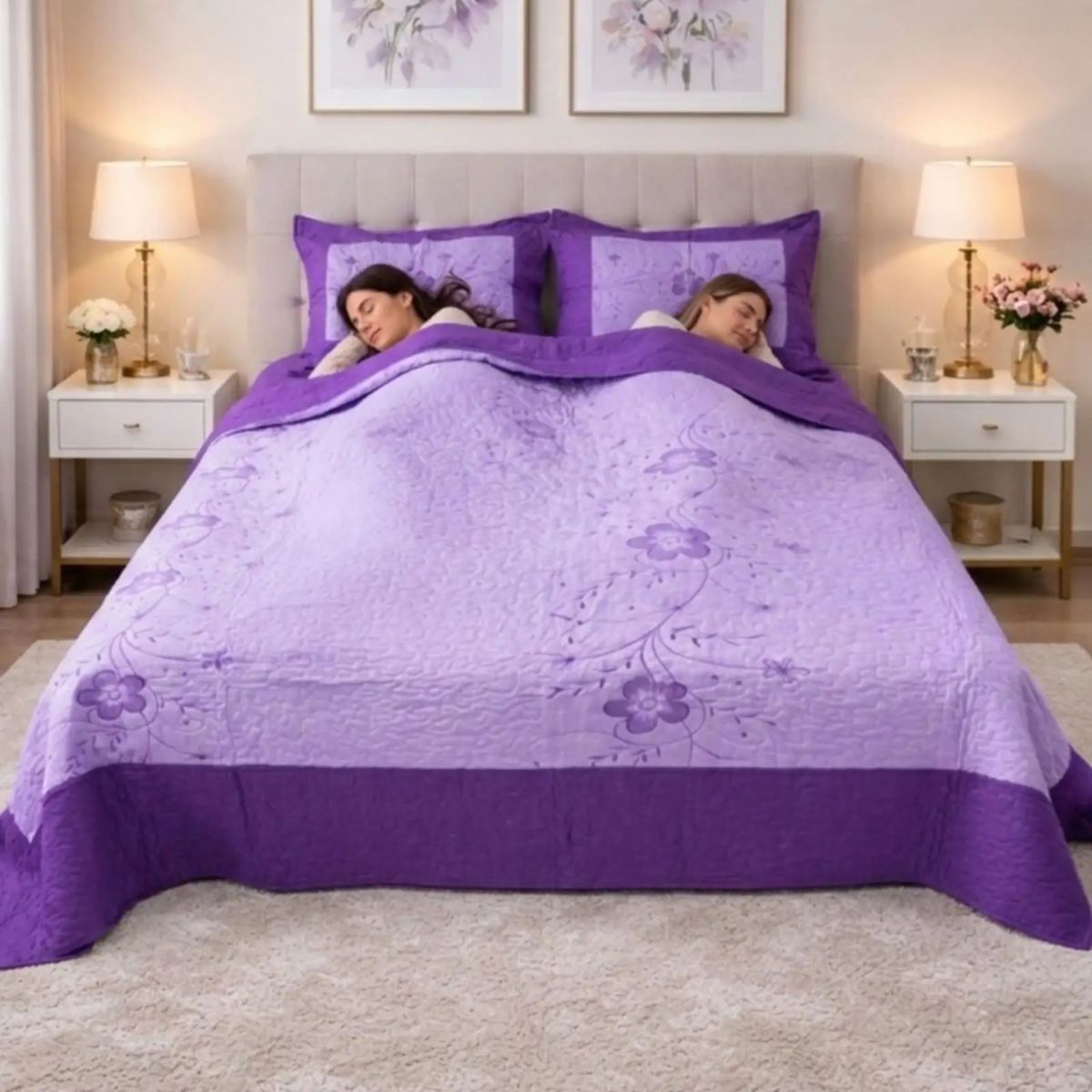 GENERICO - Cubrecama Quilt Bordado 2 Plazas mas Fundas de Almohadas Estilo Botánico