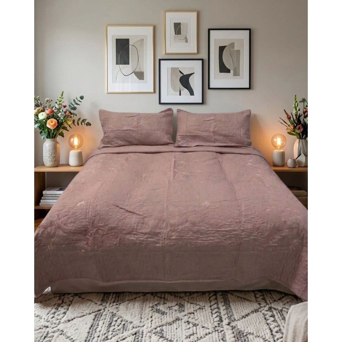 GENERICO - Cubrecama Quilt Bordado 2 Plazas mas Fundas de Almohadas Estilo Botánico