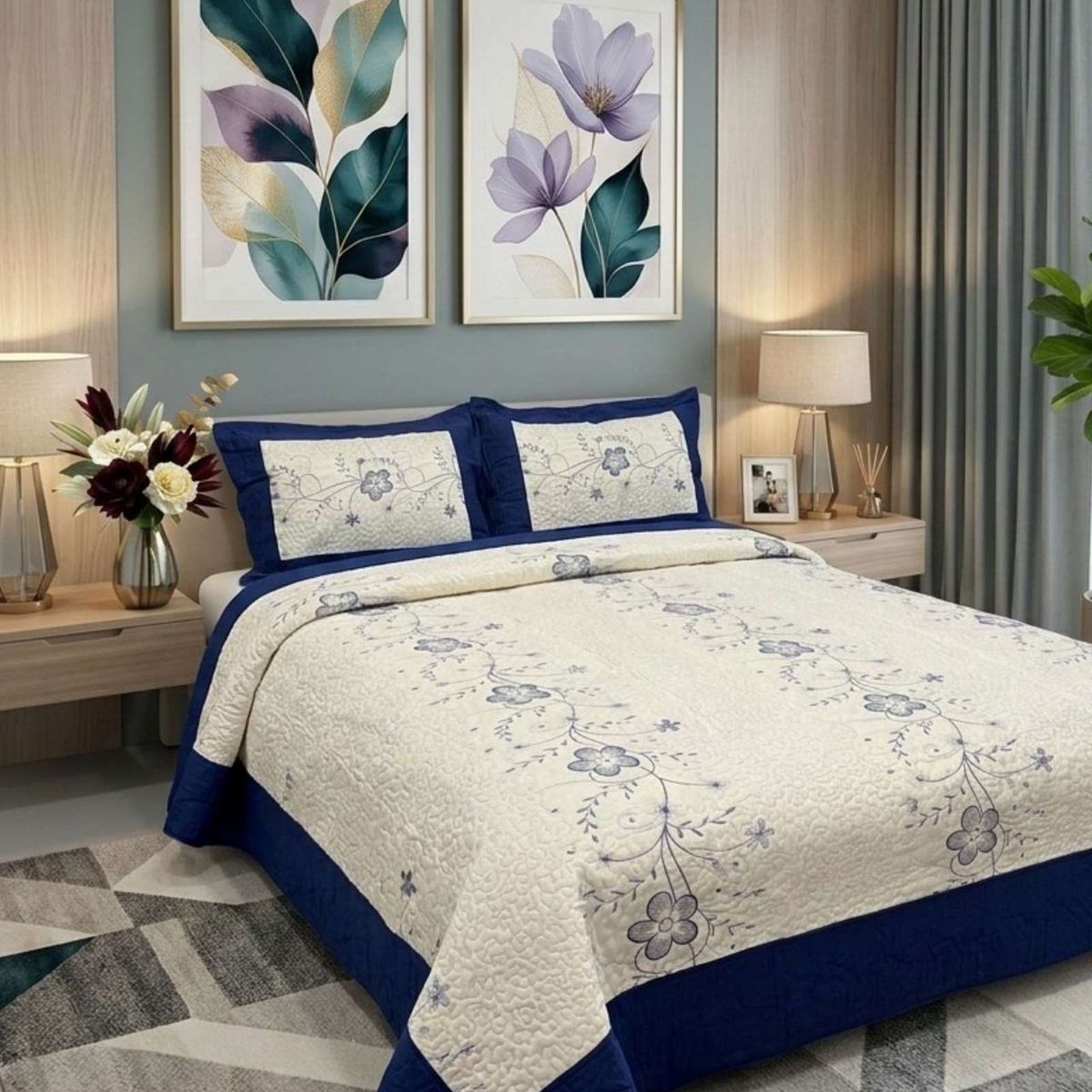 GENERICO - Cubrecama Quilt Bordado King mas Fundas de Almohadas Estilo Botánico