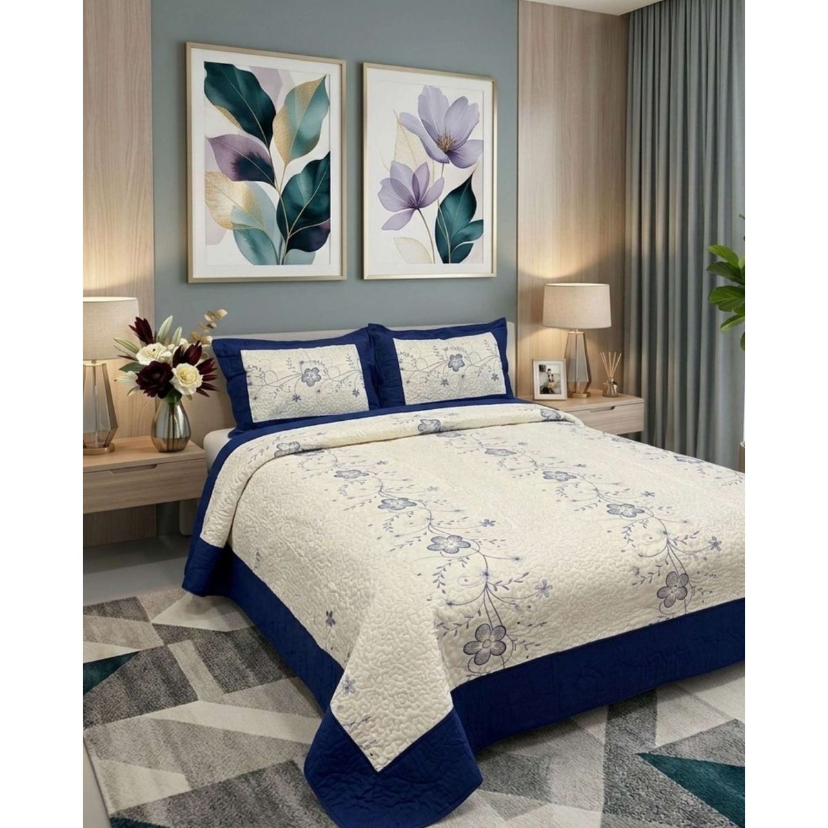 GENERICO - Cubrecama Quilt Bordado King mas Fundas de Almohadas Estilo Botánico