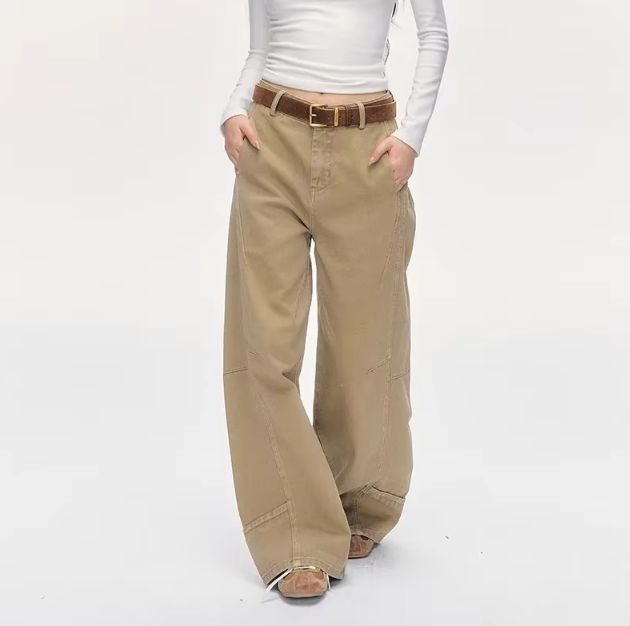 Pantalones Vaqueros Caqui de Cintura Alta Mujer Beige S