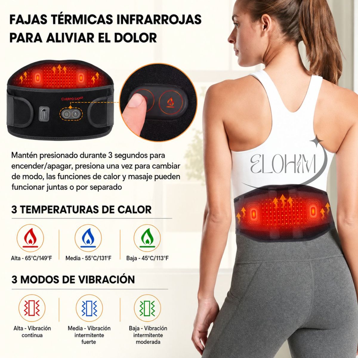 MOVI - Faja Lumbar con 3 Niveles de Calor y Bolsillo para Gel Frío- Terapia